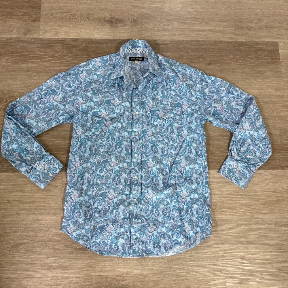 Stetson Button Down Shirt Mens M Blue Paisley Pearl Snap Western Cotton